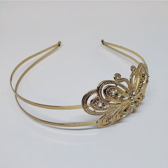 Gold Colored Rhinestone Butterfly Headband - Picture 2 of 3
